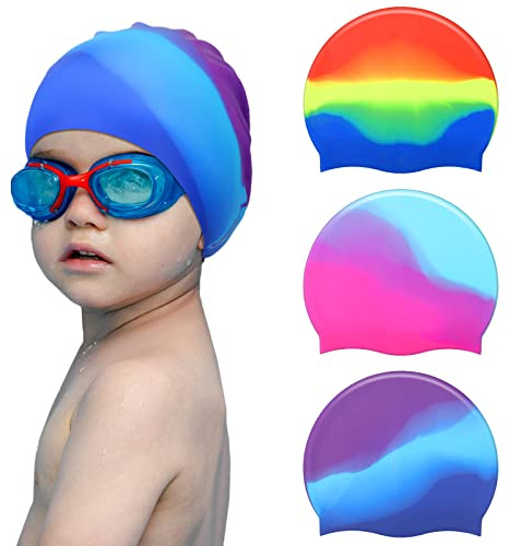 3 Pieces Kids Swim Caps Toddlers Swimming Caps Silicone Swim Cap for Boys Girls (Age 4-12) Baby Waterproof Cartoon Bathing Hats for Long and Short Hair (Rainbow Style)