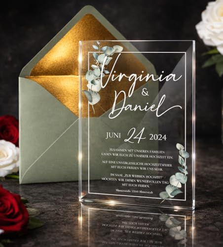 Manschin-Laserdesign Inviti di nozze | eleganti biglietti di invito in vetro acrilico per matrimoni, compleanni, feste – personalizzabili con il testo desiderato – con stampa UV