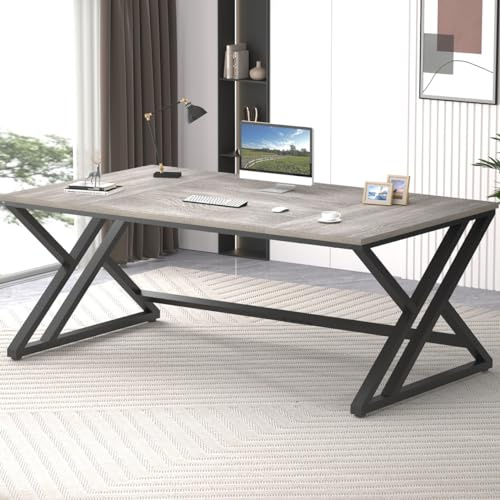 LVB Long Office Desk, Modern Large Wood Metal Computer Desk, Industrial Double Workstation Desks for Two People, Rustic PC Executive Work Study Writing Computer Table for Home, Light Grey Oak 180cm