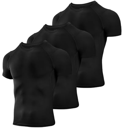 Niksa 3 Pack Compression Tops for Men Short Sleeve Mens Running Top Mesh Design Quick Dry Base Layer Top for Gym Sports Fitness Workout Cycling,Training, Black,S