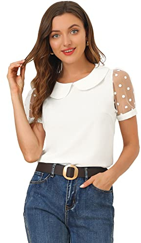Allegra K Puffärmar för kvinnor vintage bubikrage topp mesh polka prickar topp blus, Ris vit, 3XL