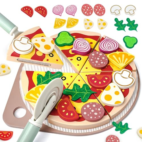 Masonbaby Ensemble de pizza en bois pour aliments - Cuisine pour enfants - Accessoires de cuisine en bois - Accessoires de cuisine pour enfants - Jouet éducatif de rôle - Cadeau pour enfants