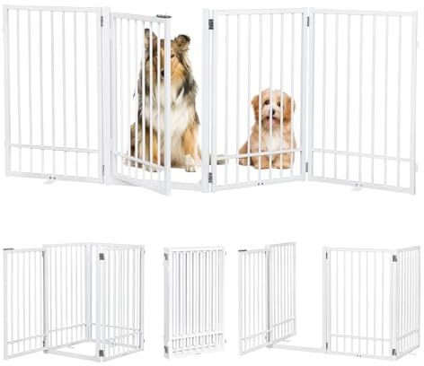 HIDOG Metal Freestanding Dog Gate with Door, Extra Wide 205cm, Height 78 cm Foldable Dog Gates for Doorways, Tall Dog Fence Indoor Outdoor Pet Gates, 4 Panels Pet Barrier for Stairs Hallways, White
