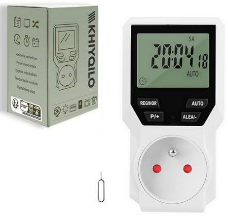KHIYQILO Programmateur Prise Électrique Digitale, Version Française, Minuterie Prise Numérique 18 Programmes, Prise Programmable Digitale, Compte à Rebours, Mode Anti-vol, Économie d'Energie Français