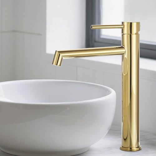 Zamery Wasserhahn Bad, Waschtischarmatur Hoch Waschbecken Armaturen in Gold mit Auslaufhöhe 200 MM High,Einhebelmischer Mischbatterie für Waschbecken Waschtisch Badezimmer & Gäste-WC