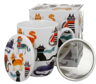Duo Porcelain - Taza con Infusor de Té “Cat’s World – Stylish Cats” – Porcelana New Bone China – Diseño Colorido de Gatos – Incluye Tapa y Caja Decorativa – 360 ml