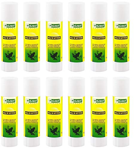 D.RECT Stick di Colla PVA 12 Pezzi 10 g – Inodore, Lavabile, Adesione Forte per Carta, Cartone, Foto e Tessuti Leggeri