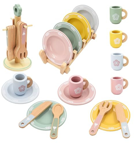 Coriver Cocina Juguete de Madera, 22 Piezas Accesorios Cocina Juguetes con Platos y Vajilla Pequeños, Juguetes de Cocina de Madera para Juegos de rol, Regalo para Niñas Niños 3+ Años