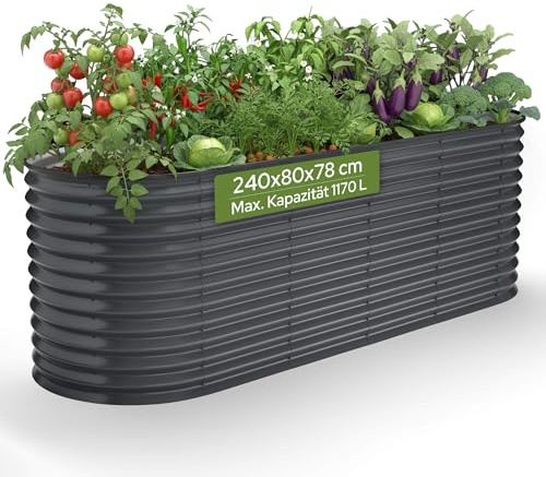 Arebos Hochbeet oval Metall 240x80x78 cm Anthrazit | Gartenbeet verzinkter Stahl rostfrei mit Gummikante 1170 L, Stabil mit Querstreben | Gemüsebeet ideal für den Garten | für Gemüse, Kräuter & Blumen