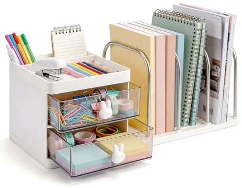 M.J COMFY-LIFE Desktop Organizer with Drawers White Plastic Bookshelf and File Sorter with Pen Holder 4 Metal Bookends Compact Desk Storage for Home Office Student Dorm Room Supplies