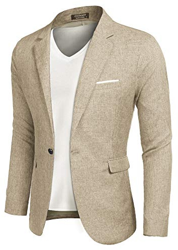 COOFANDY Men Suit Jacket Linen Slim Fit Sport Coat Business Fashion Daily Blazer Light Khaki
