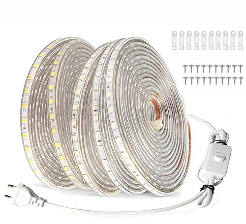 FOLGEMIR 20m LED Band mit Schalter - Kalt Weiß, 220V 230V Beleuchtung, 60 Leds/m Strip, IP65 wasserdicht Lichtschlauch (Kalt Weiß, 20m)