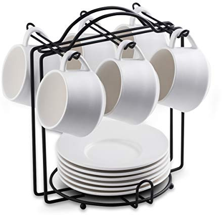 YHOSSEUN Espresso Cups Set of 6, Ceramic Expresso Shot Cups with Saucers, Stir Spoons, and Metal Stand, 4 OZ Coffee Cup for Mother's Day, Tea Party - White