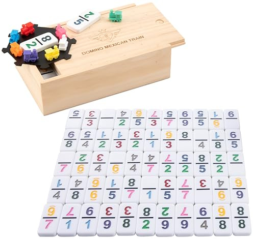 Engelhart - 250126 - Domino Mexicano Train in versione compatta premium – Doppio 9 con numeri – 55 tessere da 8 mm + 8 trenini – Gioco da tavolo familiare – 2-4 giocatori – Dai 3 anni in su