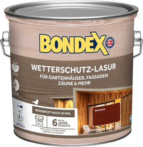 Bondex Lasure de protection contre les intempéries Acajou 2,5 l pour 30 m² | Anti-gouttes et anti-éclaboussures | Excellente protection UV | Utilisation sûre à partir de 2 °C | Satiné | Lasure de