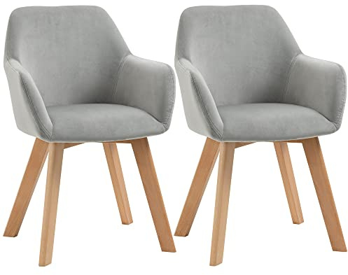 HOMCOM Pack de 2 Sillas de Comedor Modernas, Sillas de Cocina Tapizado en Terciopelo, con Respaldo, Reposabrazos y Patas de Madera, Carga 120 kg, para Salón, Dormitorio, 54x57x80 cm, Gris