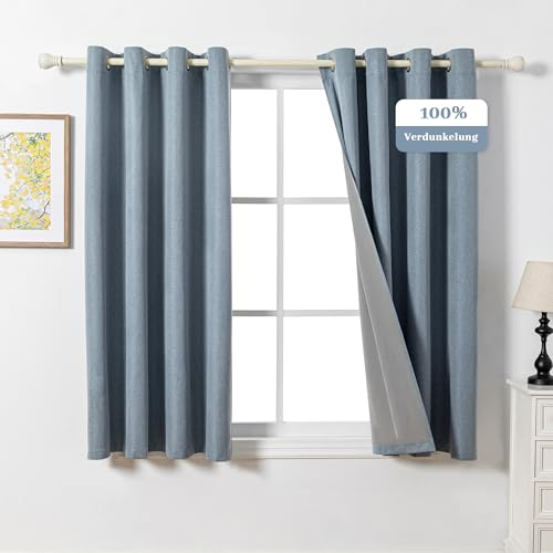 MYSKY HOME Rideaux Bleu Occultants Isolant Thermiques Anti Froid et Chaleur, Double Rideau Panneaux Phonique Anti Bruit, 100% Lumière Bloquer pour Maison Chambre, 140 x 160 CM, Bleu Gris, 2 Pièces