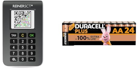 REINER SCT tanJack Photo QR I Chip chipTAN-Tan Generator für Online Banking & Duracell Plus Batterien AA, 24 Stück, langlebige Power, AA Batterie für Haushalt und Büro