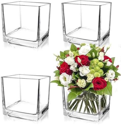 UrSpeedtekLive Set of 4 Square Glass Vases 5 x5 x 5, Clear Cube Flower Vases for Wedding Centerpieces, Candle Holders for Home Decor Party Events Ceremony