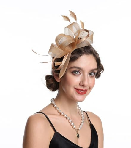 Haoijng Fascinators mössa för kvinnor cocktail te party huvudbonad blomma nät band fjädrar pannband