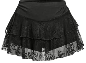 GORGLITTER Damkjol sommar mini spetskjol flera lager sommarkjol spets byxkjol en linje korta kjolar kort festkjol fritidskjol Y2K kläder, svart, S