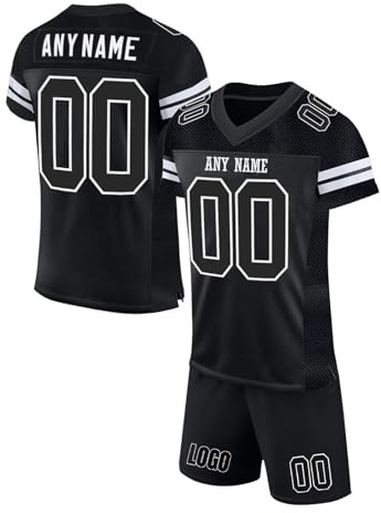 Maillot de Football Américain Personnalisable pour Hommes Femmes Jeunes Préscolaires Personnalisé Sport Maillots avec Logo Nom et Numéro Manches Courtes à Séchage Rapide T-Shirts avec Shorts Black