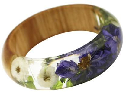 CALLARON Pulsera de Flores Secas con de Delphinium Brazalete de Madera y Resina Accesorio Artesanal para Muñeca para Ropa Han Único y Natural