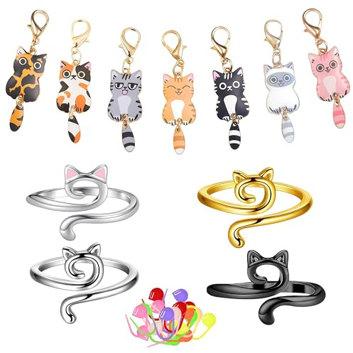 Zosutetoxo 4 piezas de anillos de ganchillo con 7 marcadores de puntadas de gato y 20 clips de conteo anillos ajustables accesorios de ganchillo accesorios de tejido