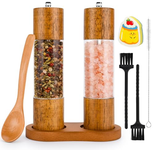 Molinillo Pimienta,Molinillo de Pimienta de Madera,Molinillos de Pimientas Manual de Madera,Salt and Pepper Grinder Set de Maderas con Cuchara y Pincel,Molinillos Sal Manual para Sésamo,Pimientas
