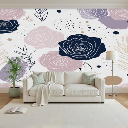 3D Papier Peint Roses Et Plantes Artistiques Peintes Tapisserie Murales Panorama Papier Peint Panoramique Plantes Et Fleurs Géométrique Pour Salon Chambre D'Enfant Décoration Murale 500X280Cm(L X H)