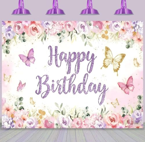 ASDCXZ Fjäril födelsedag fotobakgrund 18 x 152 cm, elegant rosa lila fjäril blomma fotografi bakgrund för flickor prinsessa födelsedagsfest bord tårta dekoration banderoll tillbehör fotorekvisita
