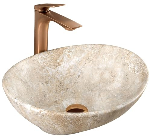 Rea Vasque en céramique à poser Sofia Savana Oval Beige, Élément moderne et chic pour votre salle de bain - 41x34,5x11cm