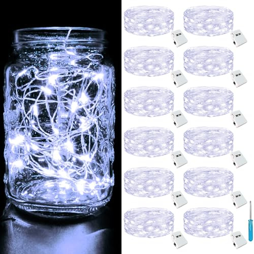 btfarm 12 Pack 3 Modes Fairy Lights Battery Operated, 2M 20LED String Light | Waterproof Twinkle Light Battery Powered, Small Silver Wire for Indoor Bedroom Jars Christmas Wedding Decorations, Cool White