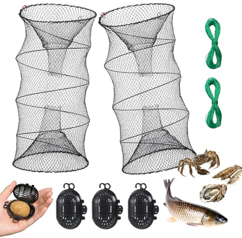 NEUSID Set di 2 reuse pieghevoli per il cancro con 4 sacchetti per mangime, 30 x 60 cm, pesci esca rotonda per pesca di granchi, gamberetti, aragosta, anguilla