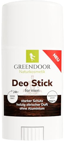 GREENDOOR Deo Stick for men 50ml, Deodorant ohne Aluminium, effektiver starker 24h Schutz vor Schweißgeruch, Deostift holziger Duft, hygienische Kunststoffhülse mit Drehmechanismus, Herren