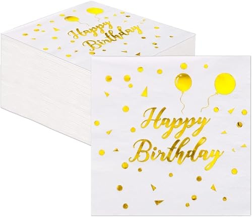 Lot de 40 serviettes d'anniversaire dorées avec motif ballon en feuille d'or, serviettes en papier jetables à 3 couches, décoration de table pour fête d'anniversaire, décoration d'anniversaire de