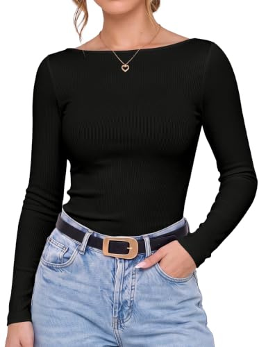 DUOEASE Långärmad T-shirt för dam ribbad topp för dam elegant | Ribbad, smal passform, båtkrage, elegant