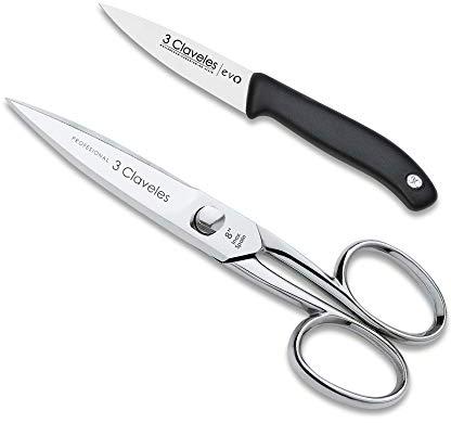3 Claveles Línea EVO Set de Cocina, Tijeras Máster + Cuchillo de Verduras, Plata