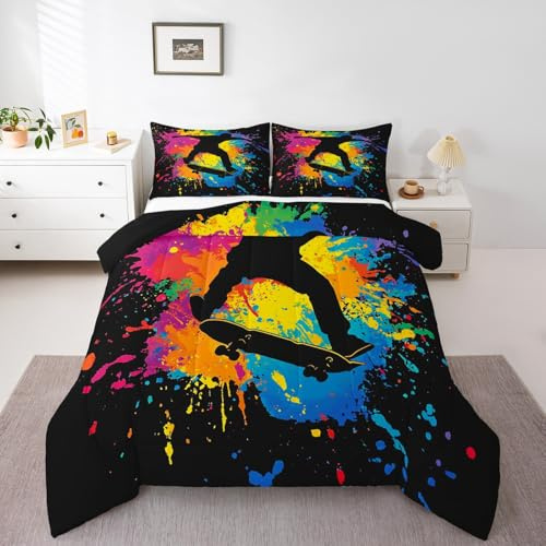 Skateboard Comforter Set for Boys Teens - Hip Hop Style Quilted Duvet With Colorful Rainbow Tie-Dye Abstract Graffiti Art - Hippie Bedding for Kids Youth Girls Room Decor, Queen