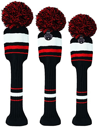 Couvre Club Golf Bois Housse Pom Pom Driver Fairway Hybrid 3 Pack Set, Couvre-tête de Club Golf Vintage Long 1 3 5 pour Hommes Femmes Hommes Sport en Plein Air (Vin Rouge)