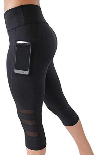 Odizli Sport Leggings Damen Capri Sporthose High Waist Push Up Boot Shape Figurbetonte Legins Sport Leggins Sportleggins Yogahose Caprihose Sommer 3/4 Hose Blickdicht Laufhose mit Taschen Schwarz L