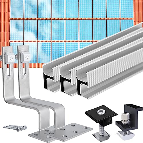 Warmfay Photovoltaik Halterung Ziegeldach Set, PV Befestigung Ziegeldach mit Schiene Dachhaken Schwarze Klemme für 2 Solarpanel, Alu Solarmodul Halterung Ziegeldach Unterstützung 30MM Dicke Modul