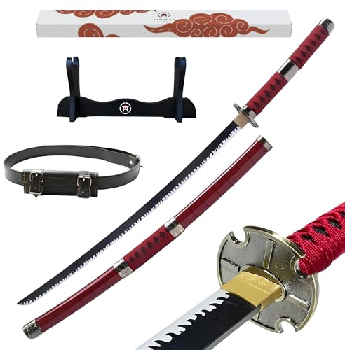 Hashiman - Katana One Piece - Réplique Manga Sabre + Support Epée Bois + Ceinture - Catana Japonais Cosplay Décoration Jouet Enfant Adulte - Jeu Déguisement Deco Ninja (Kitetsu)