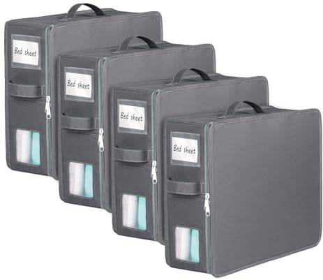 Syeeiex 4 Stück Bettwäsche Aufbewahrung, Faltbare Bettwäsche Organizer Set für Kleiderschrank mit Reißverschlüsse & Fenster, Oxford Aufbewahrungstasche für King&Queen Size Bettlaken, Decken bezüge