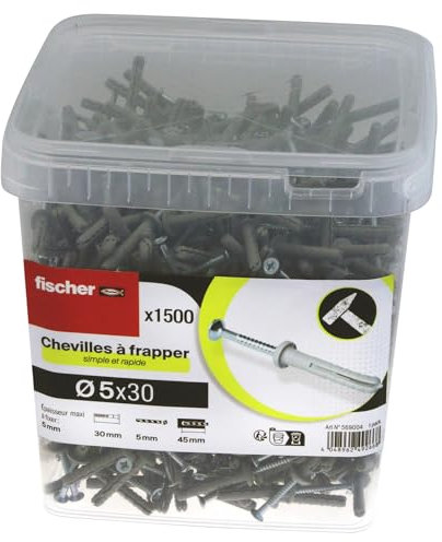 fischer - Seau de 1 500 Chevilles à Frapper 5 x 30 en Acier électrozingué, collerette Plate, Clou à Empreinte Pozidriv