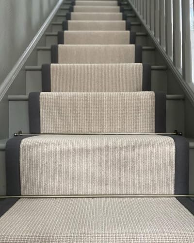 Modern Stair Runner Carpet, Beige Striped Pattern with Grey Border, Taped Edge Installation