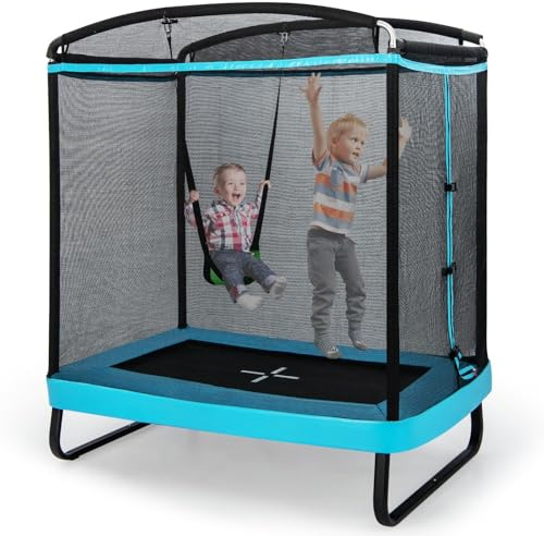 COSTWAY 2 en 1 Cama Elastica Infantil, Trampolín para Niños Multifuncional con Columpio, Trampolín Rectangular de Entretenimiento de Capacidad de 100 kg, para Exterior/Interior (Negro y Azul)