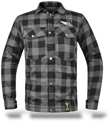TLA Grid Camicia Moto con Protezioni, Giacca in Flanella a Quadri con Rinforzi in Aramide, Taglie sino 6XL Unisex Uomo e Donna, Giubbotto Moto e Scooter Vintage, Cafè Racer, Zip e Bottoni, Grigio, XL