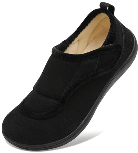 JOINFREE Men's Slippers Wide Fit Adjustable Comfortable House Shoes with Back Heel, Zero-Drop Non-Slip Slippers for Swollen Feet, Sensitive Feet, Indoor Outdoor Walking Black 9