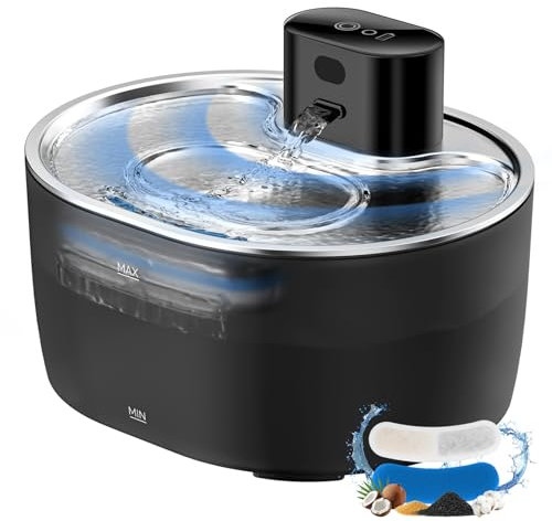 3.6LFuente para Gatos sin Cable,Fuente automática para Gatos Bebedero Gato Acero Inoxidable- con Sensor de Movimiento 5000mAh Capacidad Batería - Funcionamiento Silencioso